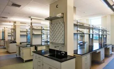 Laboratory benches with reagent shelving and service columns