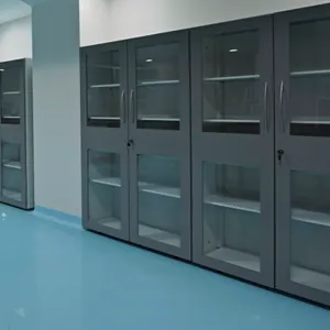 Row of tall glass-door laboratory storage cabinets