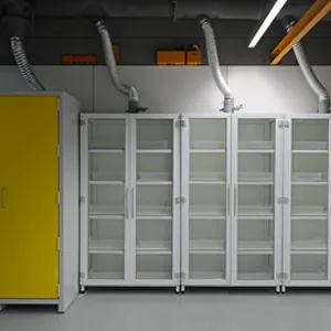 Laboratory storage area with glass-door cabinets and a flammable storage cabinet